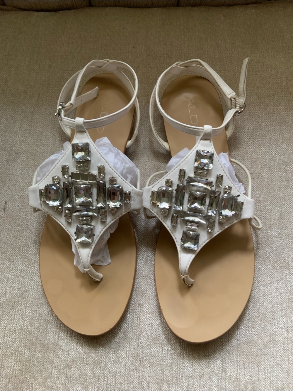 Aldo White Jeweled T-Strap Sandals with Clear Gem Accents